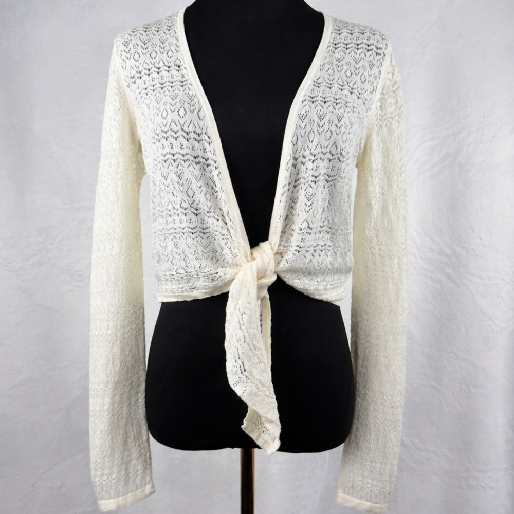 Y2K Sheer Pointelle Knit Tie Cardigan Boho Fairycore Festival Cottagecore M